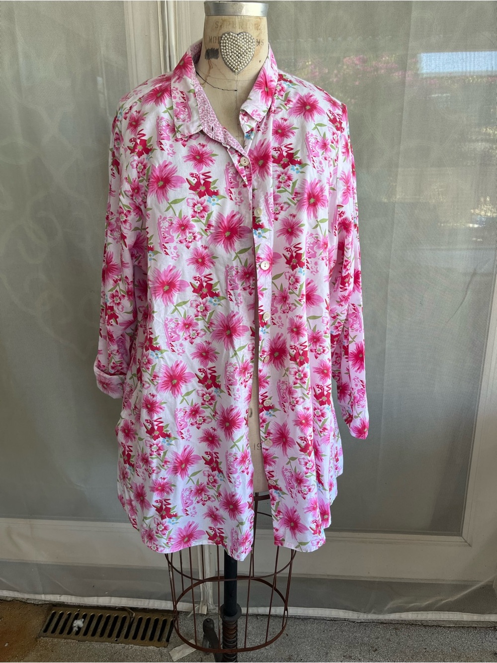 Floral Cotton Tunic L/XL, button front and back, pockets by Tulip